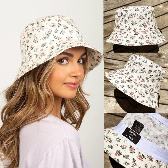 NEW Ivory Ditsy Floral Print Breathable Airy 100% Cotton Packable Bucket Hats - Picture 8 of 8